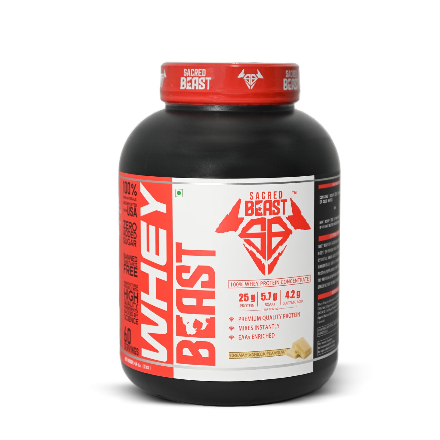 Sacred Beast Whey Beast 25g Protein, 5.5g Bcaa, 4.2g Glutamic acid Per Scoop | Eurofin lab Tested