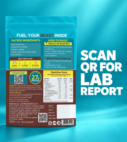 Sacred Beast High Protein Oats-27g Protein | Dark Chocolate Flavour
