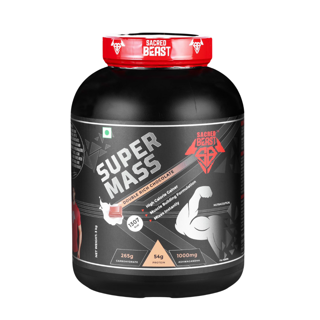 Sacred Beast Super Mass High-Calorie Gainer 1307kcal, 54g protein, 265g carbohydrates with Ashwagandha | Eurofin Lab Tested