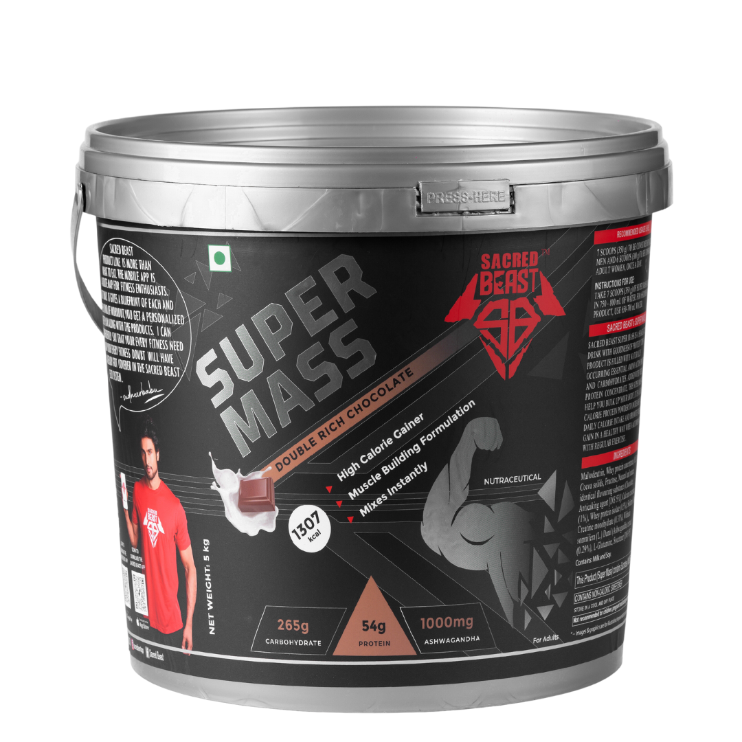 Sacred Beast Super Mass High-Calorie Gainer 1307kcal, 54g protein, 265g carbohydrates with Ashwagandha | Eurofin Lab Tested