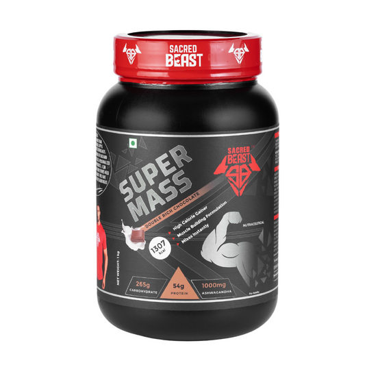 Sacred Beast Super Mass High-Calorie Gainer 1307kcal, 54g protein, 265g carbohydrates with Ashwagandha – Double Rich Chocolate | Eurofin Lab Tested