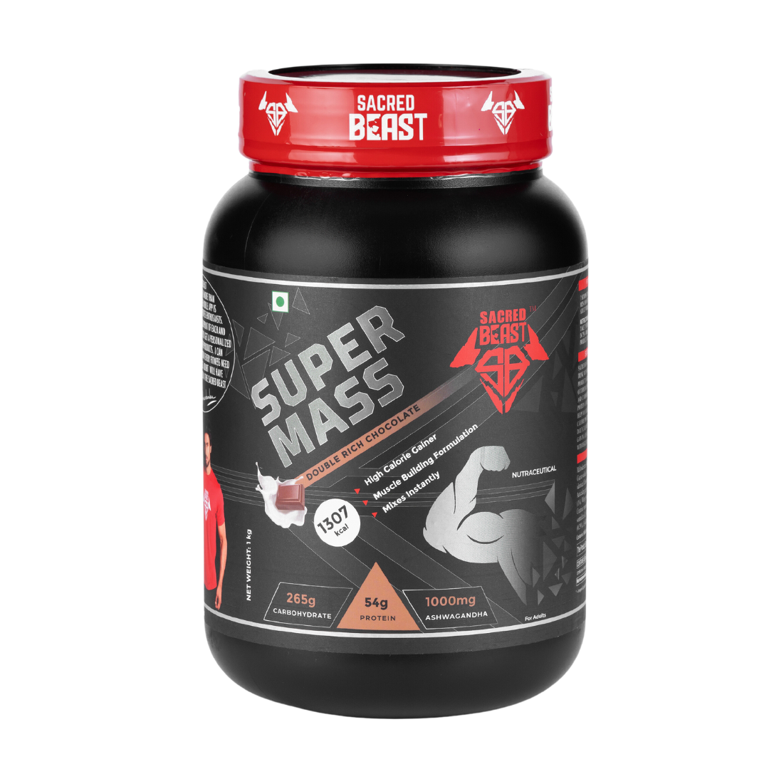 Sacred Beast Super Mass High-Calorie Gainer 1307kcal, 54g protein, 265g carbohydrates with Ashwagandha | Eurofin Lab Tested