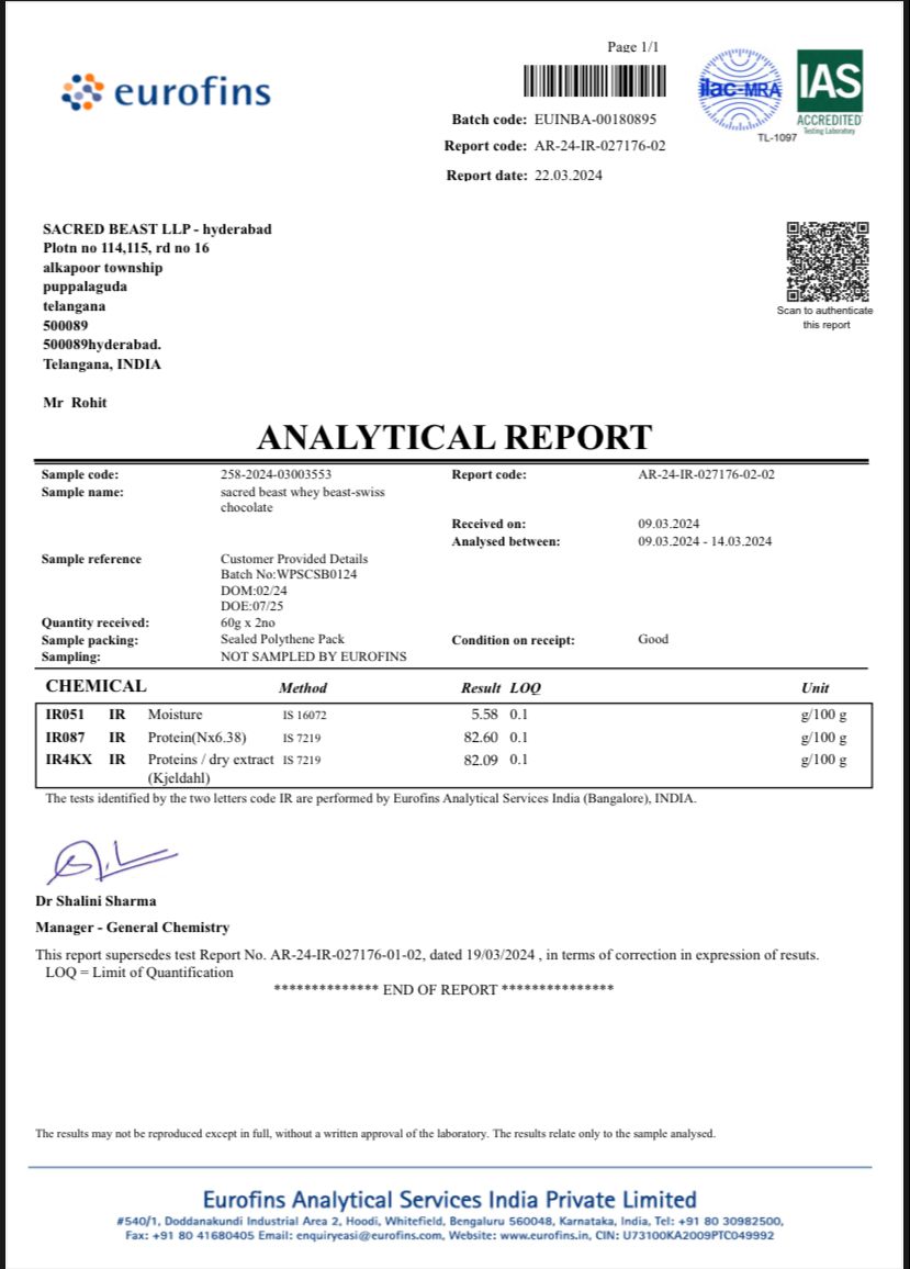 Sacred Beast Whey Beast 25g Protein, 5.5g Bcaa, 4.2g Glutamic acid Per Scoop | Eurofin lab Tested